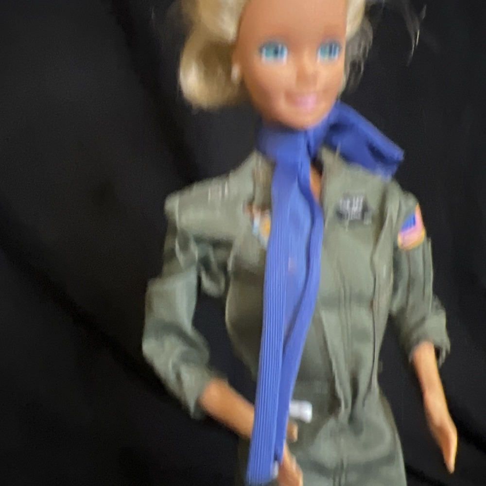 1990 Air Force Barbie Doll Olive Green Jumpsuit And Blue Scarf Missing Hat Shoes
